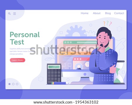 Employee doing online personal ability test. Young professional passing career quiz for job application. Student on logic exam. Cognitive testing assessment concept with man on personal evaluation.