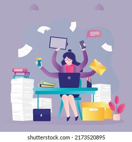 Employee doing several things at same time due to lot of work. Businesswoman trying to get all paperwork done by deadline. Concept of multitasking and overworking. Office routine. Vector illustration