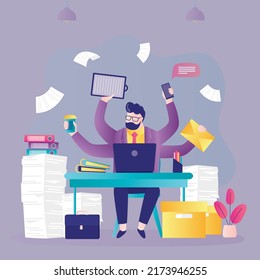 Employee doing several things at same time due to lot of work. Businessman trying to get all paperwork done by deadline. Concept of multitasking and overworking. Office routine. Vector illustration