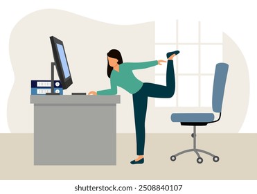 Funcionário fazendo alongamento ou pequeno exercício no local de trabalho para descansar e relaxar. Removendo a tensão e o caráter de dor muscular no design plano.