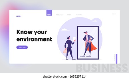 Employee Dream to be Wealthy Businessman Website Landing Page. Usual Office Manager Look at Successful Business Man in Super Hero Cape in Mirror Web Page Banner. Cartoon Flat Vector Illustration