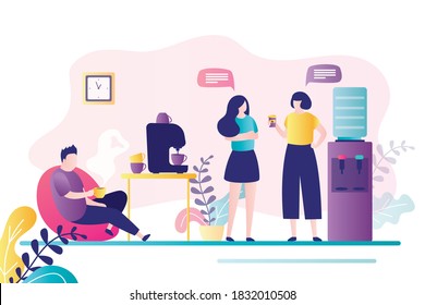 Employee drink coffee at lunch time. Two colleagues standing near water cooler and communicate. Business people relax on office break. Coffee machine with cups on table. Flat vector illustration