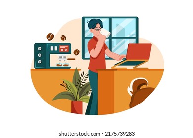 Employee drinking coffee while working from home. Remote Working Illustration concept.