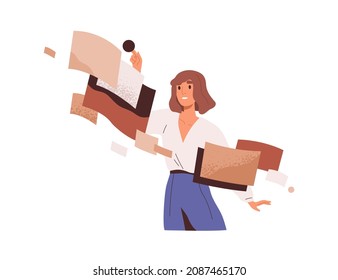 Employee during work process and abstract business data analysis. Person in workflow. Managing, sorting and analyzing digital information flow. Flat vector illustration isolated on white background