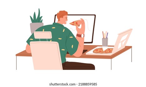 Employee eating food at workplace. Man having lunch, meal from pizza delivery, sitting at computer desk at work. Worker and fastfood. Flat graphic vector illustration isolated on white background