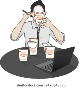 Employee Eating Noodles Vector Illustration