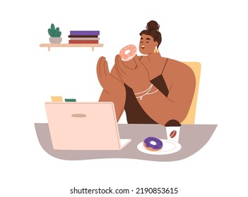 Employee eating at workplace. Chubby woman enjoying sweet coffee and donuts snack, fat sugar food at office desk, having dessert at work. Flat graphic vector illustration isolated on white