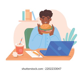 Employee eats at workplace. Young male entrepreneur eats delicious hamburger and drinks sweet soda. Fast food for lunch break. Hungry character with food. Cartoon modern flat vector illustration