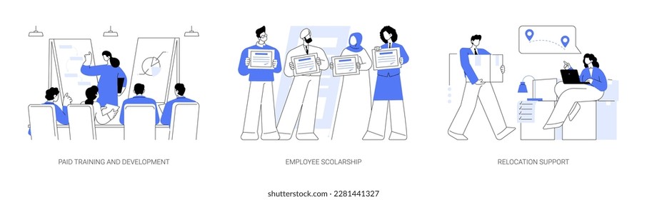 Employee education abstract concept vector illustration set. Paid training and development, employee scolarship, relocation support, tuition assistance program, loan payment abstract metaphor.