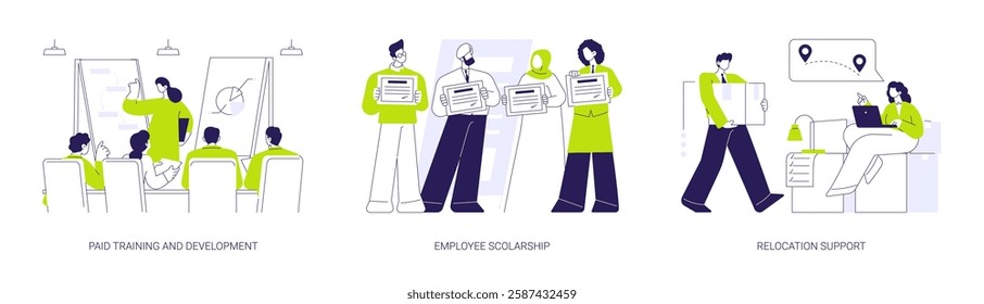 Employee education abstract concept vector illustration set. Paid training and development, employee scolarship, relocation support, tuition assistance program, loan payment abstract metaphor.