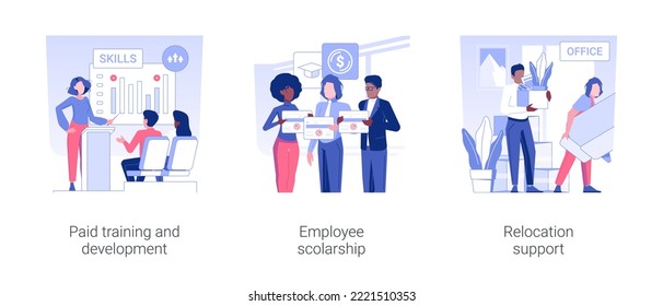 Employee education isolated concept vector illustration set. Paid training and development, employee scolarship, relocation support, tuition assistance program, loan payment vector cartoon.