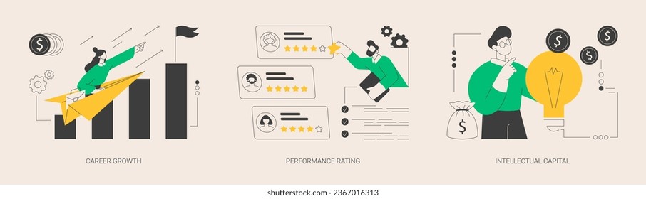 Employee efficiency abstract concept vector illustration set. Career growth, performance rating, intellectual capital, company challenge and success, job position scoring system abstract metaphor.