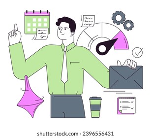 Mitarbeitereffizienz. Business-Mitarbeiter produktives Multitasking. Zeitmanagement und Arbeitsoptimierung. Wirksame Zielsetzung und Vereinbarkeit von Berufs- und Privatleben. Flache Vektorgrafik