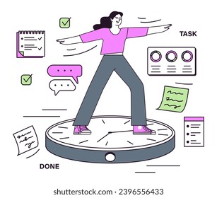 Employee efficiency. Business employee productive multitasking. Time management and work optimization. Effective goal-setting and work-life balance. Flat vector illustration