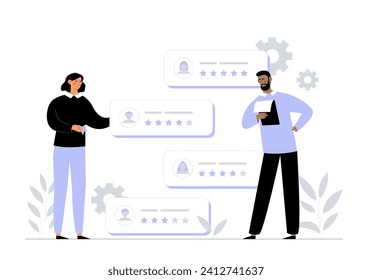 Mitarbeitereffizienzkonzept. KPI der Arbeitnehmer, Einstufung und Bewertung. Mann und Frau mit Rückmeldung. Kollegen und Partner. Organisation eines effizienten Arbeitsprozesses. Cartoon-Flavektor-Vektorgrafik