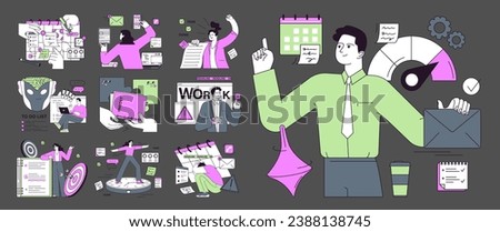 Employee efficiency dark or night mode set. Business employee productive multitasking. Time management and work optimization. Effective goal-setting and work-life balance. Flat vector illustration