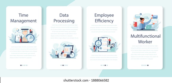 Employee efficiency mobile application banner set. Business staff management for a productive day. Quality and timeliness, work optimization. Human resources management. Flat vector illustration