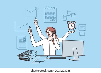 Employee efficiency and multitask concept. Young woman worker sitting in office having productive day. Quality and timeliness, work optimization vector illustration