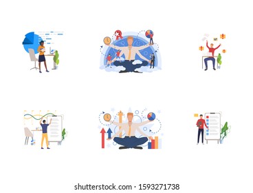 Employee efficiency set. Managers solving tasks and challenges at workplaces. Flat vector illustrations. Self management, multitasking concept for banner, website design or landing web page