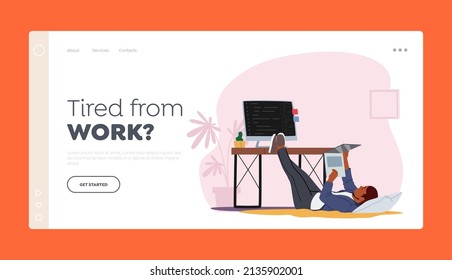 Employee Emotional Burnout Landing Page Template. Tired Overworked Worker, Business Character Lying on Floor near Office Desk Looking Movie on Laptop Postpone Work. Cartoon Vector Illustration