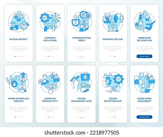 Employee employer relationship blue onboarding mobile app screen set. Walkthrough 5 steps editable graphic instructions with linear concepts. UI, UX, GUI template. Myriad Pro-Bold, Regular fonts used