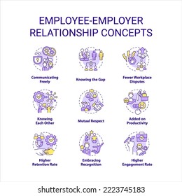 Employee Employer Relationship Concept Icons Set. Work Ethics. Relations In Workplace Idea Thin Line Color Illustrations. Isolated Symbols. Editable Stroke. Roboto-Medium, Myriad Pro-Bold Fonts Used