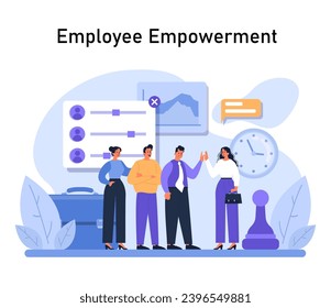 Employee Empowerment concept. Teams collaborate near a giant clock, discussing progress with digital charts in the background. Unifying for business growth. Flat vector illustration.