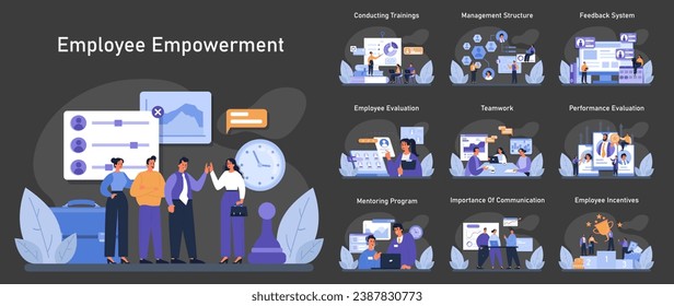 Employee Empowerment set. Engaged teams in management, feedback, and incentives. Conducting trainings, teamwork, and performance evaluation. Flat vector illustration.