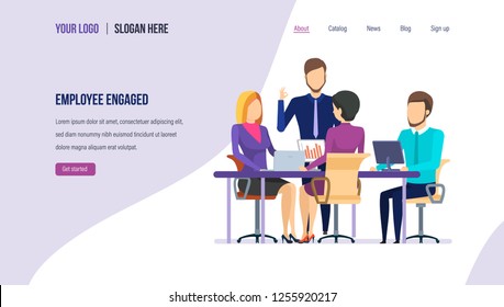 Employee engaged. Employee motivation, teamwork, partnership, successful teamwork finding business solution, teambuilding, career growth to success. Landing page template. Vector illustration.