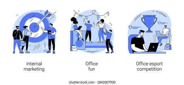 Employee engagement abstract concept vector illustration set. Internal marketing, office fun and esport competition, stress management, teambuilding, video game tournament abstract metaphor.