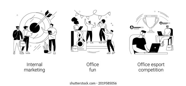 Employee engagement abstract concept vector illustration set. Internal marketing, office fun and esport competition, stress management, teambuilding, video game tournament abstract metaphor.