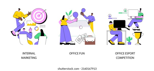 Employee engagement abstract concept vector illustration set. Internal marketing, office fun and esport competition, stress management, teambuilding, video game tournament abstract metaphor.