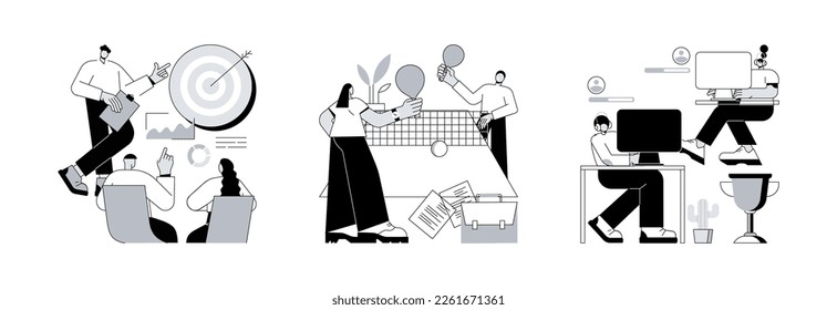 Employee engagement abstract concept vector illustration set. Internal marketing, office fun and esport competition, stress management, teambuilding, video game tournament abstract metaphor.