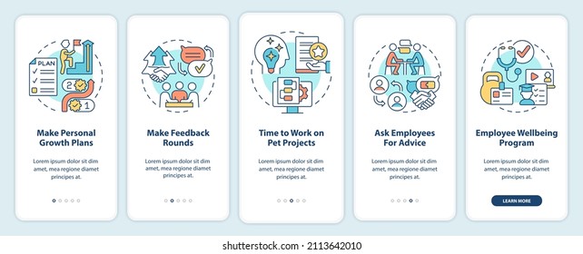 Employee engagement activities onboarding mobile app screen. Growth plans walkthrough 5 steps graphic instructions pages with linear concepts. UI, UX, GUI template. Myriad Pro-Bold, Regular fonts used