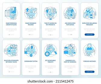 Employee Engagement Blue Onboarding Mobile App Screen Set. Wellbeing. Walkthrough 5 Steps Graphic Instructions Pages With Linear Concepts. UI, UX, GUI Template. Myriad Pro-Bold, Regular Fonts Used