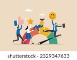 Employee engagement, commitment or motivation to success with company, staff dedication or job satisfaction, productivity or employee recognition, business people employee with stars and happy reward.