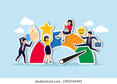 Employee engagement, commitment or motivation to success with company, staff dedication or job satisfaction, productivity or employee recognition, business people employee with stars and happy reward.