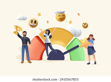 Employee engagement, commitment or motivation to success with company, 3D illustration, staff dedication or job satisfaction, productivity or employee recognition, business people employee with stars