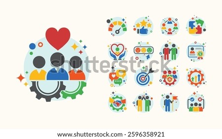 Employee engagement, commitment or motivation to success with company, staff dedication or job satisfaction, productivity. Factors affecting staff productivity, loyalty and creativity with icons set.
