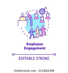 Mitarbeiterengagement-Symbol Engagement und Begeisterung der Arbeitnehmer. HR Abstrakte Idee dünne Linie Illustration. Einzeln Umrisszeichnung. Bearbeitbarer Strich. Verwendung von Roboter-Medium, Myriad Pro-Fett-Schriftarten