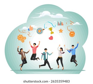 Employee engagement concept, work satisfaction or happiness. Happy business people employees jump with work engagement elements.