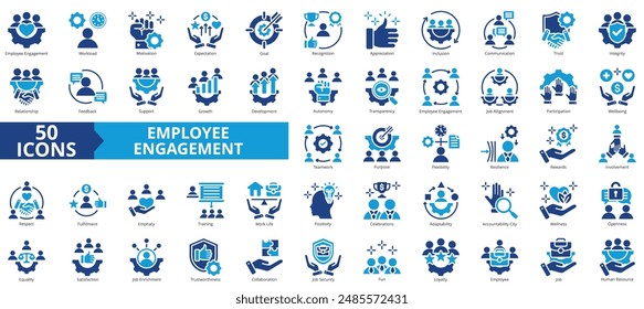 Employee engagement icon collection set. Containing workload, motivation, expectation, goal, recognition, appreciation, inclusion icon. Simple flat vector.