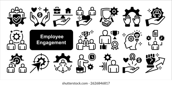 Conjunto de coleta de ícone do compromisso do funcionário. Contendo carga de trabalho, motivação, expectativa, meta, reconhecimento, apreciação, ícone de inclusão. Vetor plano simples.