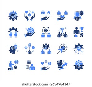 Employee engagement icon collection set. Containing workload, motivation, expectation, goal, recognition, appreciation, inclusion icon. Simple flat vector.