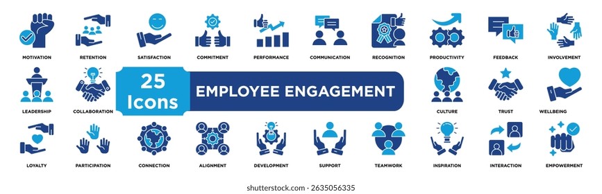 Employee Engagement icon collection set. Containing motivation,retention,satisfaction,commitment,performance,communication,recognition,productivity,feedback,involvement icon. dual tone vector.