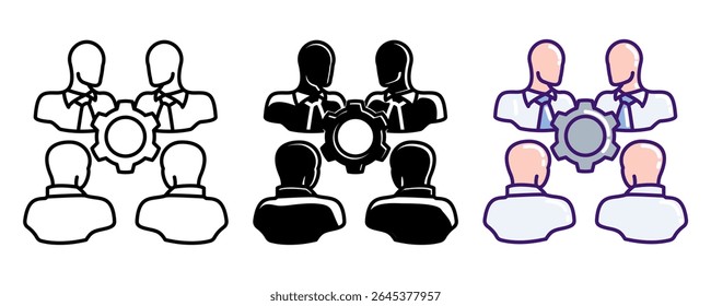 Employee Engagement icon represented by group, gear Line, Filled, Color style.
