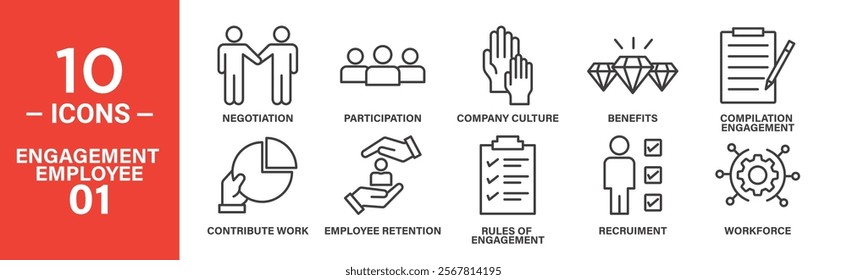 Employee Engagement Icon Set: 10 Editable Vector Icons Depicting Company Culture, Recruitment, and Workforce.