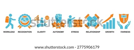 Employee engagement icon set Aqua Orange Flat concept for workload, recognition, clarity, autonomy, stress, relationship, growth, fairness