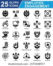 Employee Engagement Icon Set Collection. Containing Employee Engagement, Working Time, Integrity, Support, Employee Connection, Communication, Feedback, Empathy. Simple Glyph Vector Illustration.