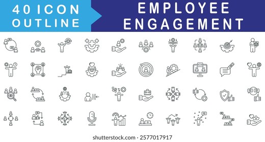 Employee Engagement icon set collection. Consist of Communication, Conflict resolution, Thinking, Health, Mentorship, Resilience, Job position. Simple vector outline illustration.